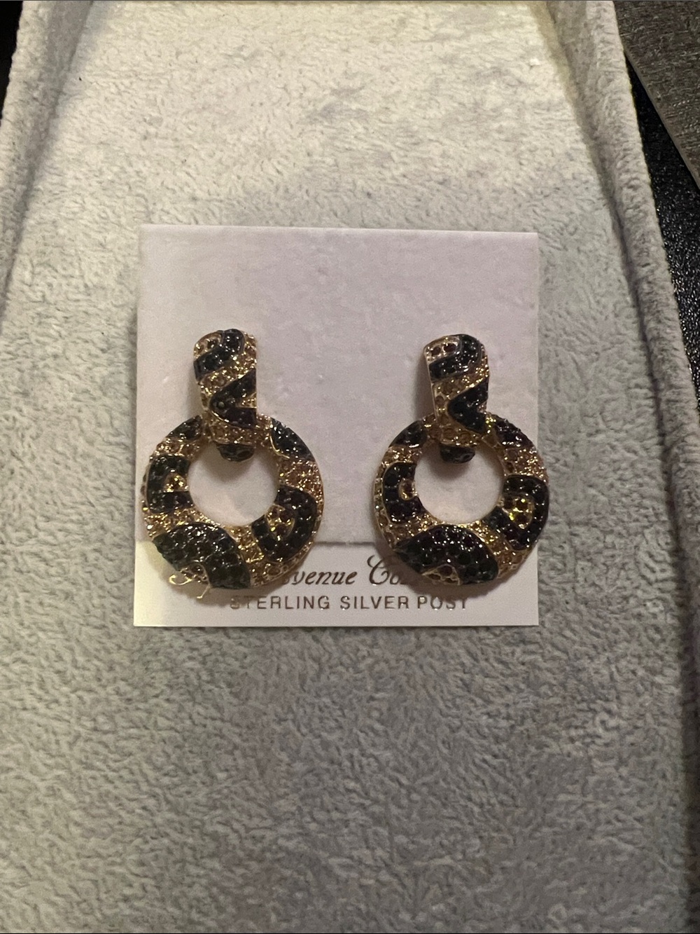 Gold and Black Pave Circular Drop Earrings with animal print
